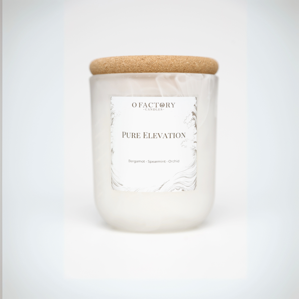 Pure Elevation candle with eucalyptus, spearmint, white tea, bergamot, sea salt, and orchid scent in frosted glass jar, hand-poured coconut apricot wax