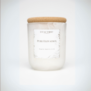 Pure Elevation candle with eucalyptus, spearmint, white tea, bergamot, sea salt, and orchid scent in frosted glass jar, hand-poured coconut apricot wax